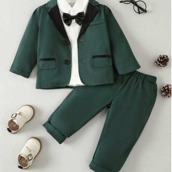 Baby Boy Contrast Collar Bow Front Blazer & Pants & Shirt