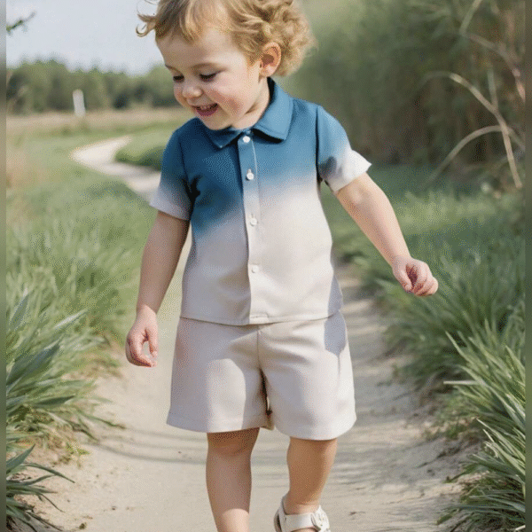 2pcs/Set Baby/Toddler Ombre Polo Collar Short Sleeve Cardigan & Elastic Waist Shorts Set