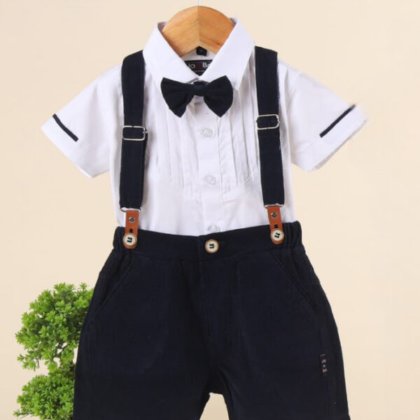 Navy Blue Corduroy Suspender set / birthday outfit/ shirt and short with suspender and bow / 4pcs