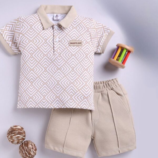 Kids trendy geometric T-shirt and short 2pcs (Baige)