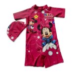 Red miki and mini printed girls swimwear with sleev with cap