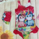 Pink Unicorn printed Girls swim wear with cap