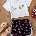Toddler Girls Letter Graphic Tee & Floral Print Binding Track Shorts