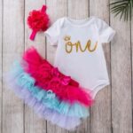 Fuchsia Half Sleeves Text Art Printed Onesies and Skirt Set with Headband