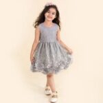 Gray Sleeveless Floral Applique Party Dress