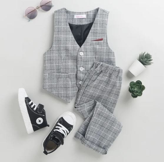 1758574502_1734852228_1730026463_1715447006_1-22-1.jpg Boys Gray Checkered Sleeveless Formal Set - Image 1