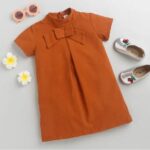 Girls Brown Short-Sleeve Solid Casual Dress