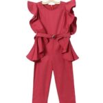 Girls Red Solid Sleeveless Pant Jumpsuit