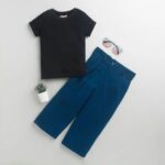 Girls Blue Solid Short-Sleeve Jogger Set