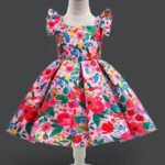 Girls Multi Coloured Short-Sleeve Floral Print Party Dress