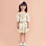 Girls White Floral Print Short-Sleeve Skirt Set