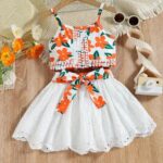 Girls White Floral Print Blouse and Skirt Set