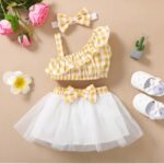 Girls Yellow Checkered Top And Skirt Set With Headband