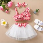 Girls Red Checkered Top And Skirt Set With Headband