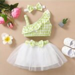 Girls Green Checkered Top And Skirt Set With Headband