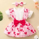 Girls Pink Heart Print Onesies and Skirt Overall Set with Headband