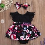 Girls Black Floral Print Onesie With Headband
