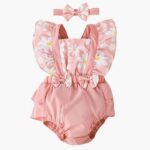 Girls Pink Sleeveless Floral Print Onesies With Headband