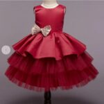 Girls Maroon Sleeveless Solid Party Dress