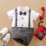 Yierying Baby Plaid Print Bow Front 2 In 1 Shirt Romper
