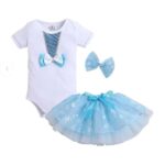 Girls Blue Graphic Print Onesie And Skirt Set With Head Band