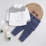 Boys White Stripe Print Shirt And Jeans Set