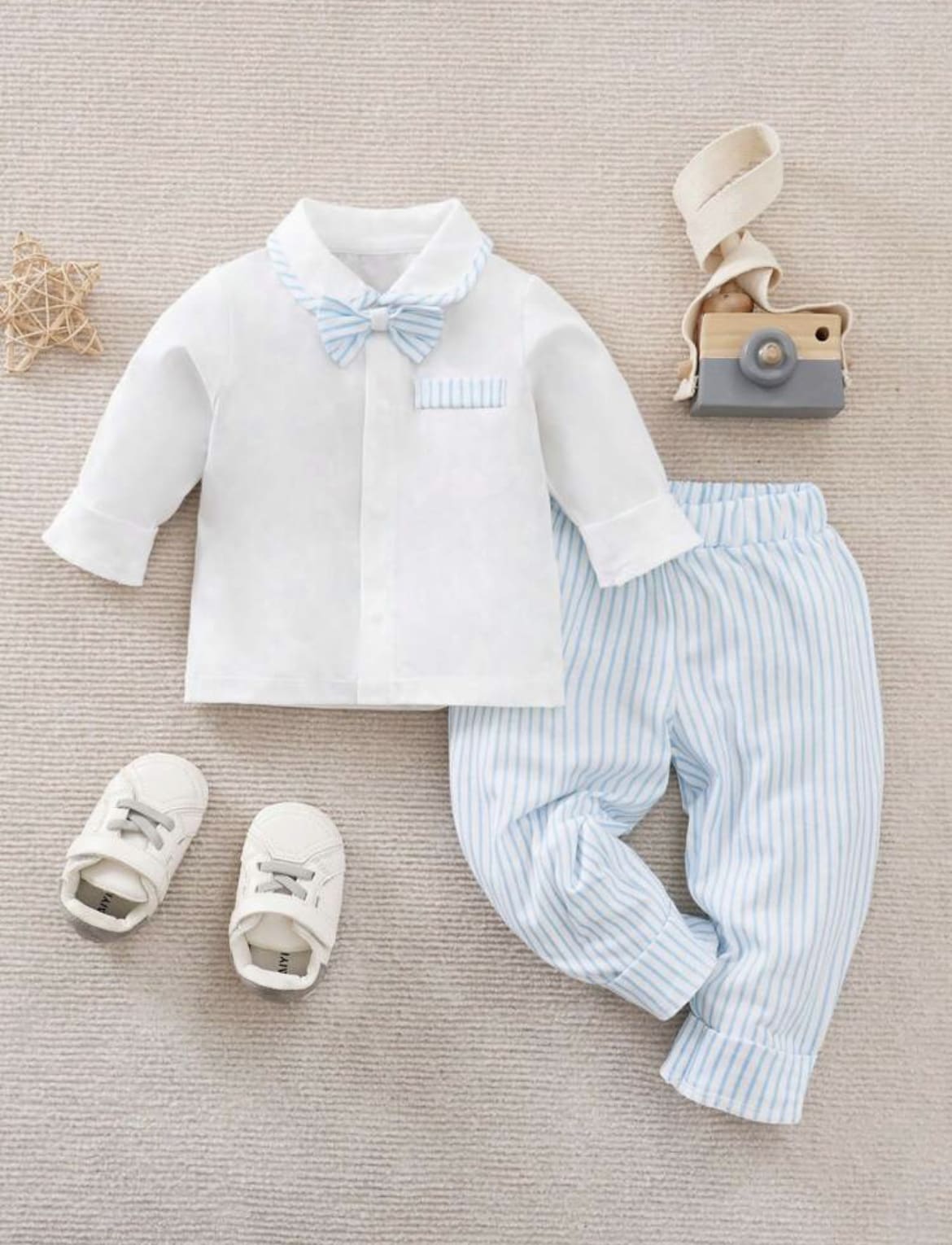 1758574553_1734852287_1730026925_1715447211_IMG_7802.jpg Baby Boy Striped Bow Front Shirt & Pants Baby Blue - Image 1