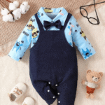 Baby Boy Cartoon Graphic Bow Front Shirt & Overall Jumpsuit