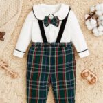 Newborn Baby Boys' Top With Bow Tie Collar & Gingham Suspenders Pants Two Piece Outfit