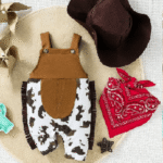 Baby Boy 3pcs/Set Western Style Cow Print Jumpsuit With Braces And Brown Suede Cowboy Hat, Matched With Peruvian Geometric Printed Scarf, Exuding Wildness And Cuteness