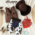 Baby Boy Western Cowboy Style Outfit With Cowboy Hat, Silk Scarf, Suede Fringe Vest And Cow Patterned Fringe Pants