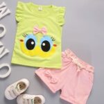 Girls casual Bow attached eye opening syle set yellow top with pink shorts