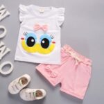 Girls casual Bow attached eye opening syle set white top with pink shorts
