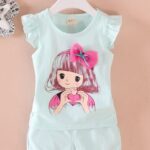 Bow hanging baby light blue top and shorts set