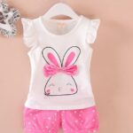 Rabbit printed white girls top and pink  shorts