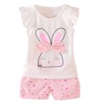 Rabbit printed white girls top and baby pink  shorts