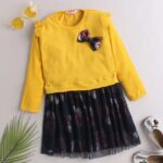 Girls Yellow Full-Sleeve Floral Print Casual Dress