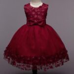 Girls Maroon Sleeveless Solid Party Dress