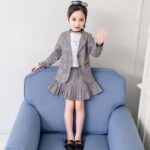 Girls Gray Checkered Jacket and Skirt Set