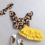 Girls Black Floral Print Blouse And Skirt Set with Headband