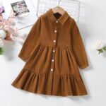 Girls Brown Solid Full-Sleeve Casual Dress