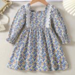 Girls Blue Floral Print Full-Sleeve Casual Dress