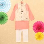 Boys Peach Ethnic Print Kurta, Jacket And Pajama Set