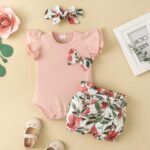 Girls Pink Floral Print Onesies and Shorts with Headband