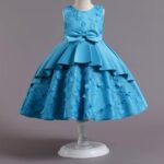 Girls Blue Bow Applique  Sleeveless Party Dress