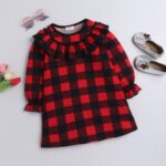 Girls Red Full-Sleeve Checkered Casual Dress