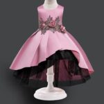 Girls Dark Pink Floral Applique Sleeveless Party Dress