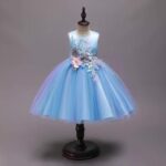 Girls Blue Sleeveless Floral Applique Party Dress