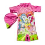 Pink Unicorn printed Girls with sleeve swim wear with cap