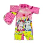 Pink Unicorn printed Girls with sleeve swim wear with cap